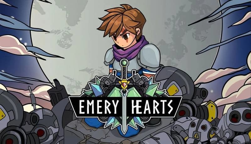 Emery Hearts: Young knight with sword stands atop robot ruins under large full moon and swirling clouds, wearing purple scarf.