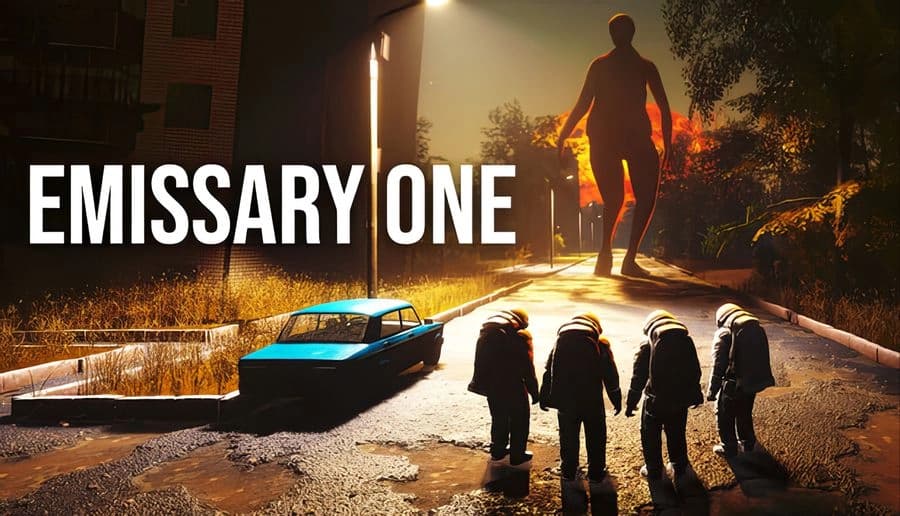 Emissary One: silhouetted man floats over a road facing four suited figures, burning trees and lights behind him.
