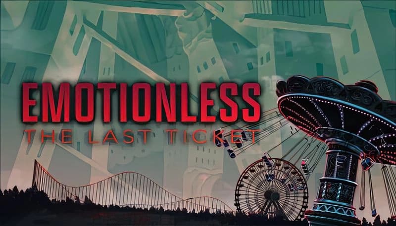 EMOTIONLESS: Abandoned amusement park with towering rides and looming structures under a teal sky, featuring a Ferris wheel.