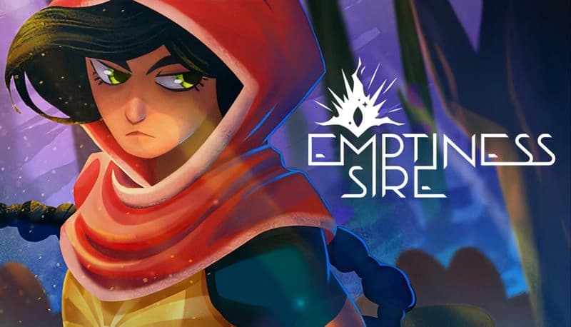 Emptiness Sire: Young woman in red hood glaring, surrounded by abstract forms, against a vibrant purple and blue backdrop.
