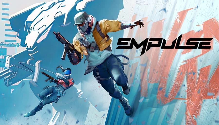 EMPULSE: Two masked fighters leap through the air with rifles, drifting past blue buildings and orange cliff wall.