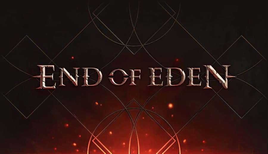 End of Eden: Metallic title letters over dark smoky background with glowing embers and thin geometric lines in back.