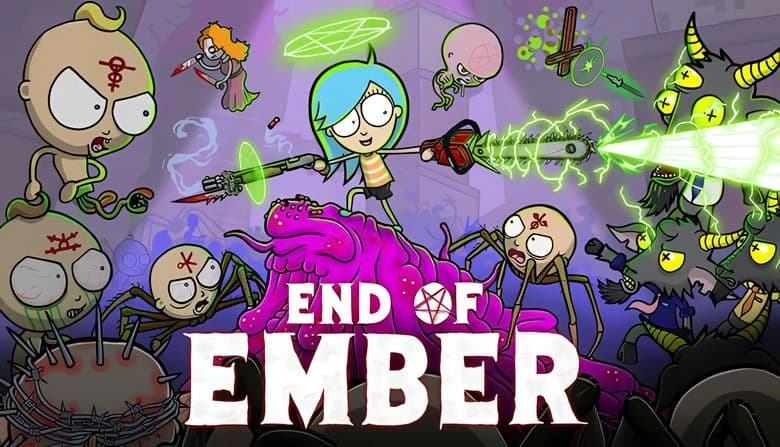 End of Ember: A young girl with a chainsaw battles demons in a cartoonish hellscape, surrounded by bizarre creatures.