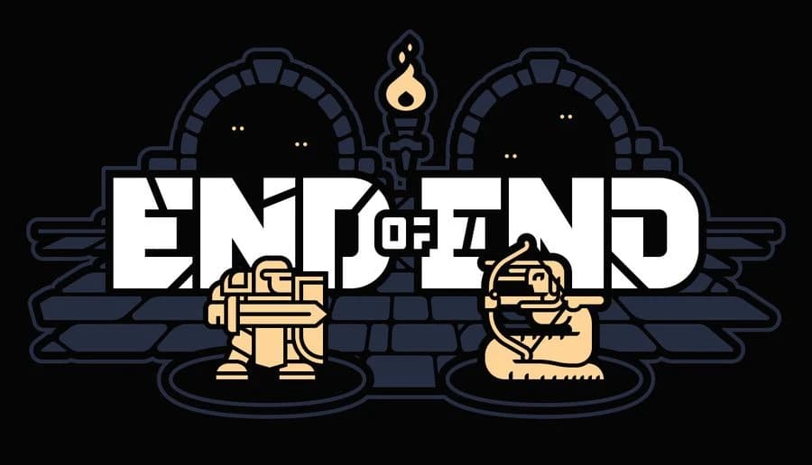 End of End: armored knight and hooded mage stand by torch flame at twin stone dungeon arches in darkness.