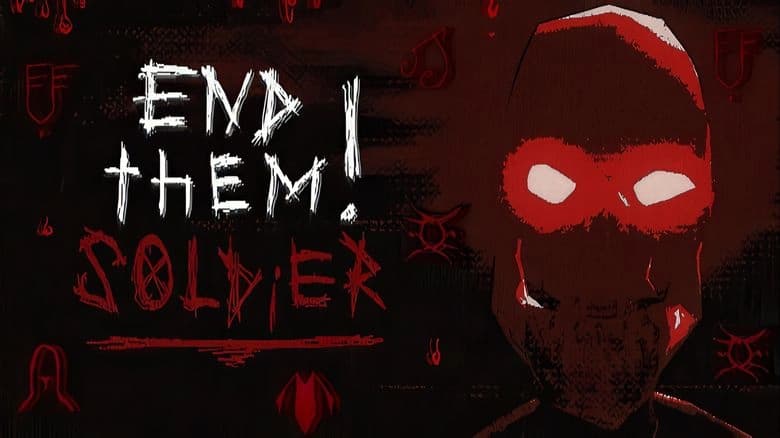 A menacing figure with glowing red eyes wears a red hooded mask against a dark, ominous background with abstract symbols.