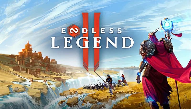 ENDLESS™ Legend 2: Hero in armor with glowing staff leads troops across a vibrant landscape towards a distant castle.