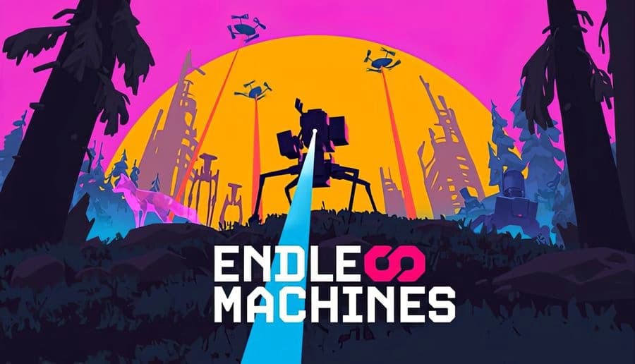 Endless Machines: four-legged robot fires blue beam toward viewer silhouetted by orange sun in neon forest clearing.