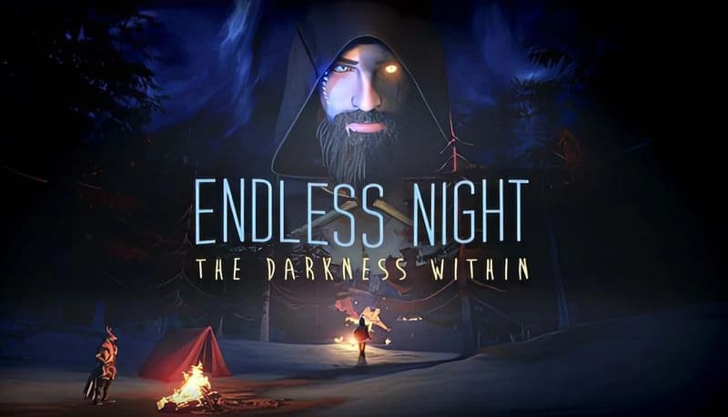 Endless Night: Hooded man with glowing eye looms over snowy forest campfire, two figures, tent, and flickering flames.