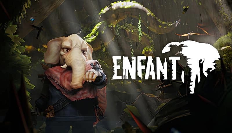 Enfant: Elephant-headed figure stands in lush forest, wearing pink scarf and dark outfit amid beams of light filtering down.