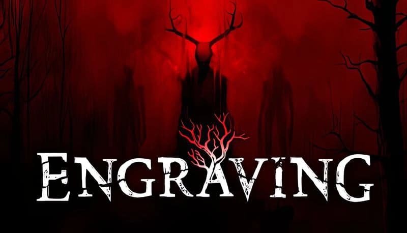 Engraving: Shadowy antlered figure looms in eerie red forest, flanked by two tall silhouettes, bare trees surround.