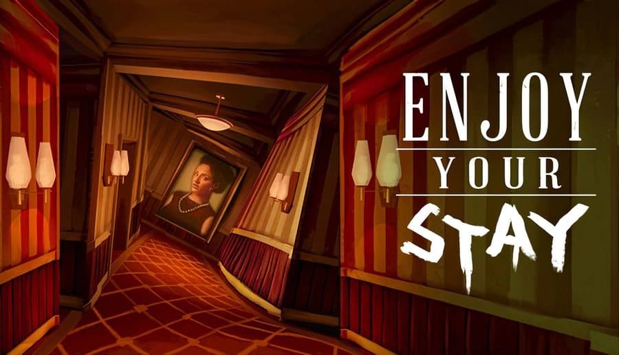 Enjoy Your Stay: Tilted hotel hallway with red carpet, wall lamps, striped wallpaper, and a slanted portrait ahead.