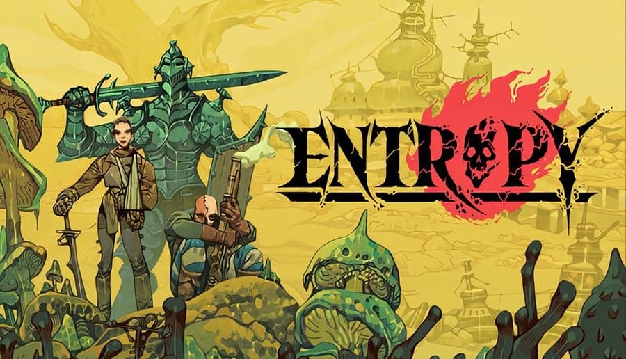 Entropy: Three adventurers and a towering armored knight pose with swords before strange yellow wasteland ruins.