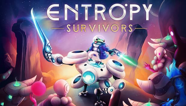 Entropy Survivors: Frog atop robotic steed in vibrant alien landscape, wielding laser, amidst colorful flora, sci-fi style.