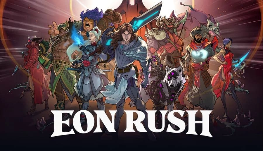 Eon Rush: Hero squad with swords, guns, and magic pose in front of a glowing portal amid red stormy skies.