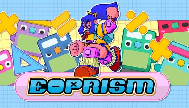 A young girl with blue hair and colorful outfit leaps energetically with calculator creatures and math symbols around.