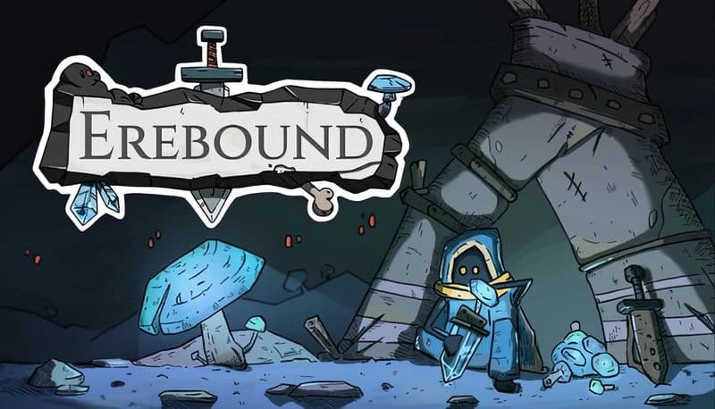 Erebound: Cloaked figure sits by stone igloo, surrounded by icy debris under a dark sky with floating red embers.