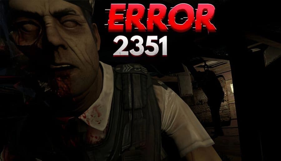 Error 2351: scarred zombie man in torn shirt lunging toward viewer in dark corridor with toppled boxes and debris.