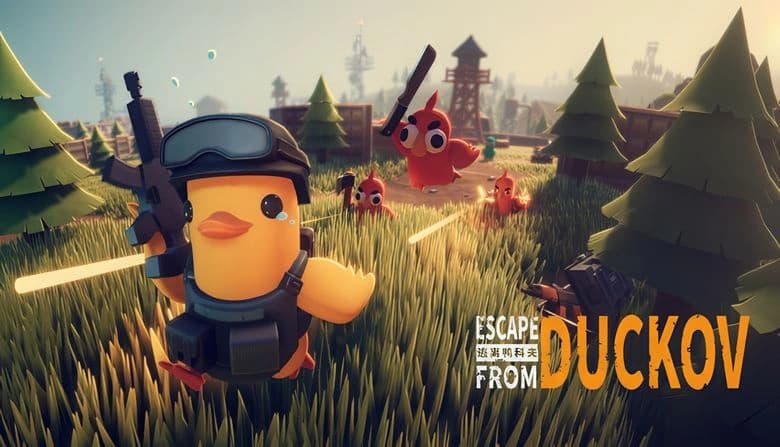 A yellow duck soldier in tactical gear holds a rifle while standing in tall grass. Three red birds chase behind with weapons.