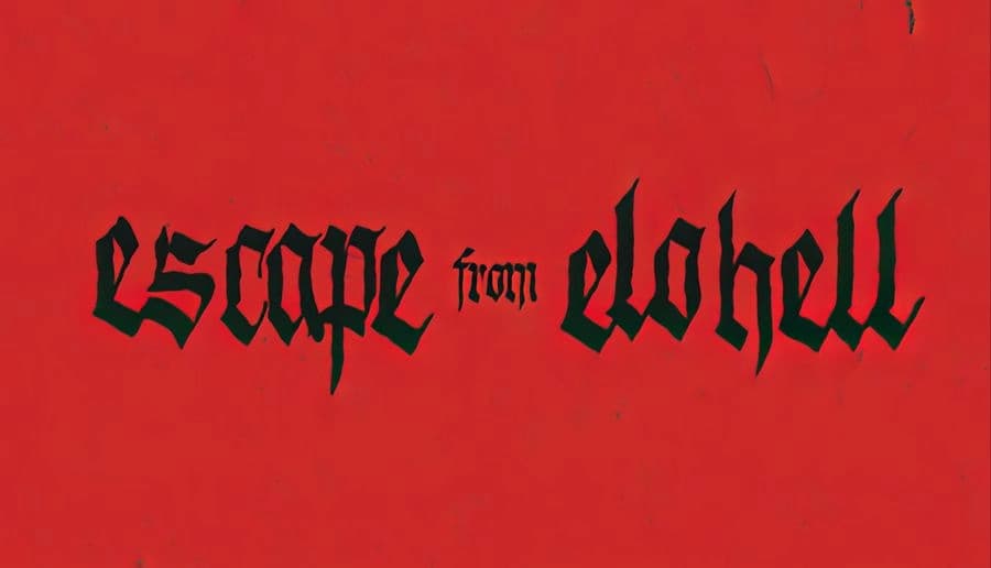Escape from EloHell: jagged black gothic title letters on a red background with scattered dark specks and scratches.