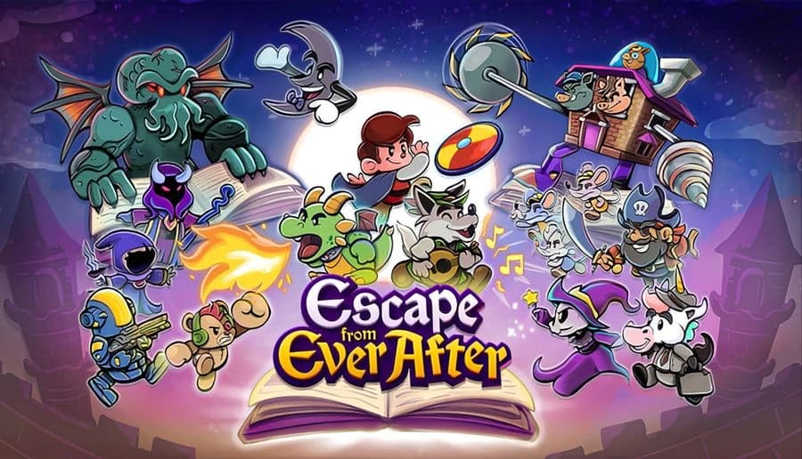 Escape from Ever After: Boy leaps from open book with dragon breathing fire and wolf playing guitar against moonlit sky.