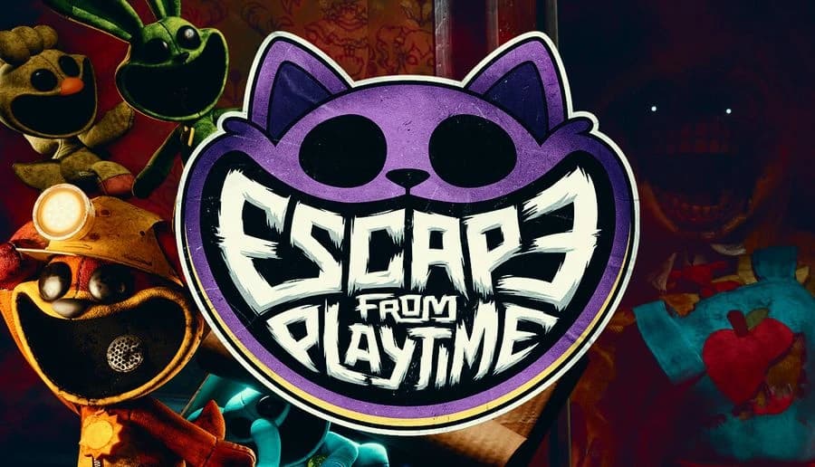 Escape from Playtime: purple cat skull emblem over toy monsters and stuffed animals in dark factory background.