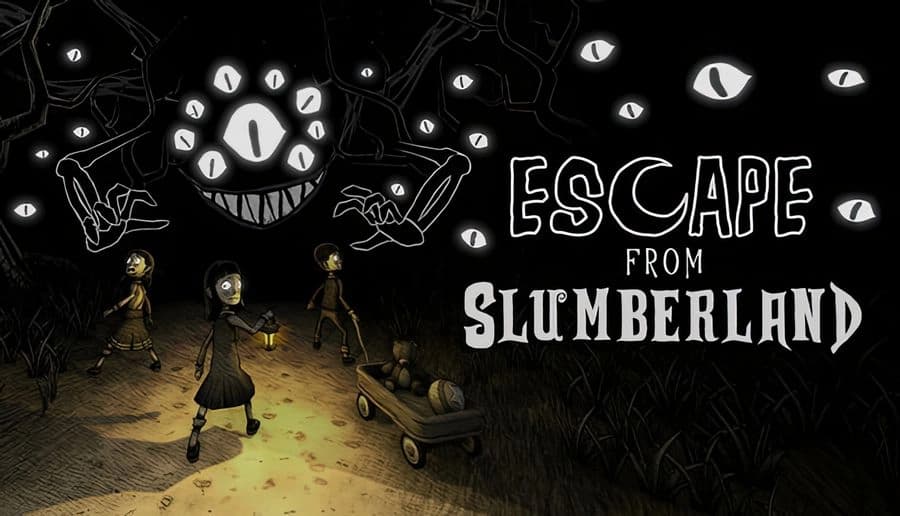 Escape from Slumberland: three girls with glowing eyes walk through dark woods toward a grinning many-eyed monster.