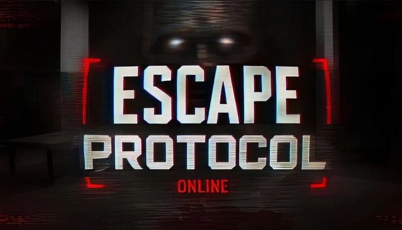 ESCAPE Protocol: Shadowy figure with glowing eyes lurks in dark corridor, red brackets frame game logo prominently.