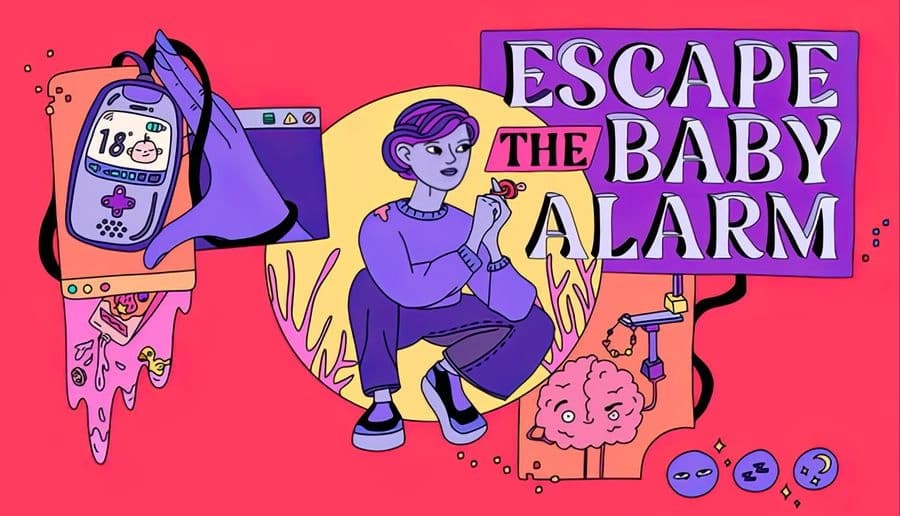 Escape the Baby Alarm: young woman holds pacifier beside baby monitor with tentacles and peas on pink backdrop.