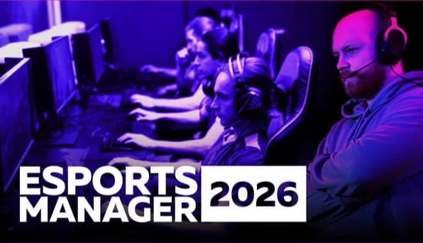 Esports Manager 2026: Coach observes diverse team of gamers focused on monitors in a dimly lit, competitive environment.