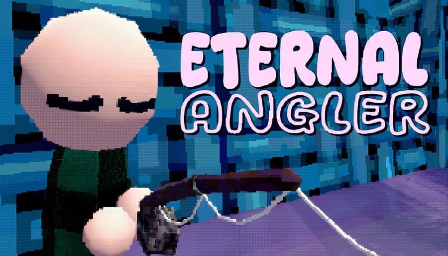 Eternal Angler: Bald man holding a fishing rod with line cast, pixel-art close-up against blue-purple background tiles.