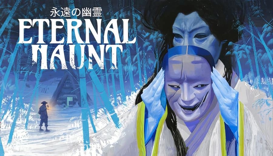 Eternal Haunt: pale woman holds a large blue mask over her face beside a snowy forest path and distant figure.