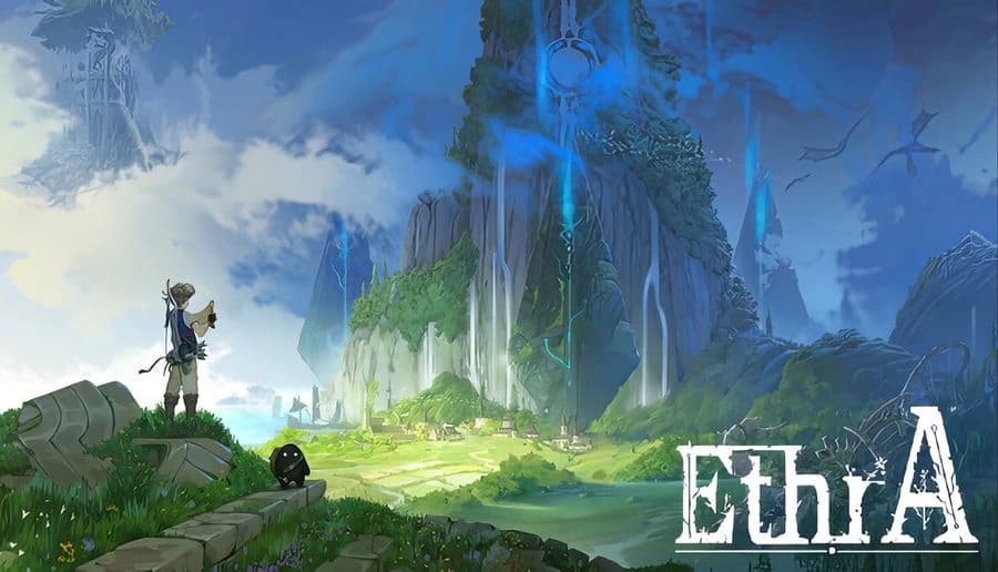 EthrA: Adventurer with raised staff stands on giant stone ruins overlooking misty cliffs and waterfalls, birds overhead.
