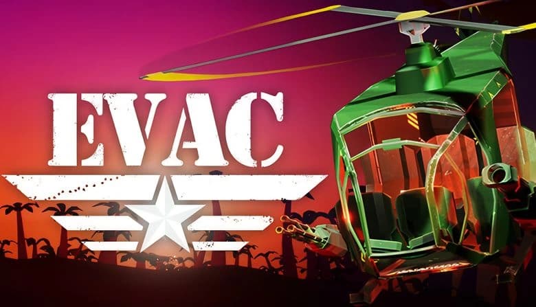 A low-poly green helicopter equipped with weapons hovers beneath a vibrant sunset sky, palm tree silhouettes visible below.