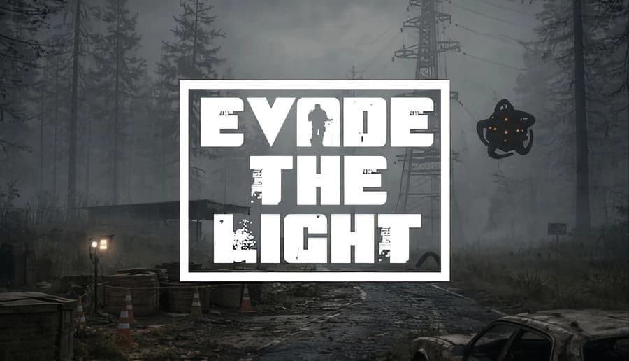 Evade The Light: A dark, misty forest with abandoned vehicles and a building under a foggy, overcast sky.