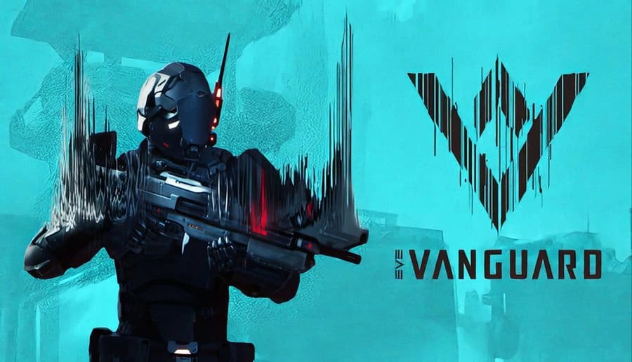 EVE Vanguard: Armored soldier gripping rifle with red lights against teal glitch backdrop and bold angular emblem.