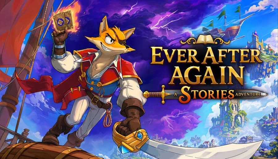 Ever After Again: fox swordsman in red coat holds skull aloft beside a blade, stormy purple sky and castle cliffs.