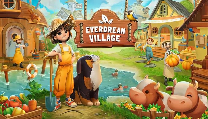 Everdream Village: Young girl with shovel, dog, and cows in vibrant village; villagers engage in daily tasks nearby pond.