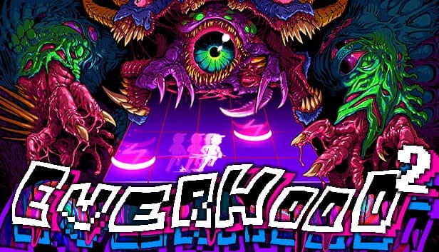 A luminescent grid path is surrounded by a monstrous creature with a single eye, targeting a small figure.