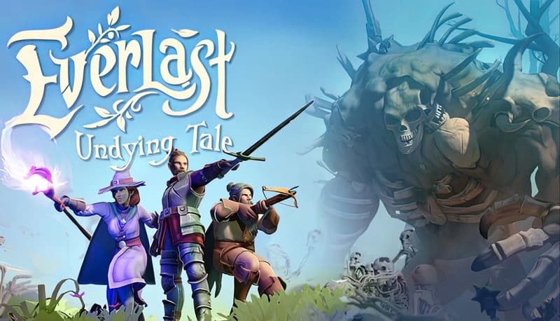 Everlast: Three adventurers, knight, wizard, archer, ready for battle on grassy hill under clear blue sky.