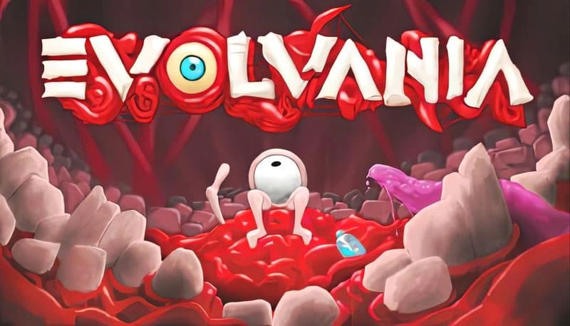 Evolvania Demo: Eyeball creature with arms sits among rocks and red ooze, with a purple tentacle and blue crystal nearby.