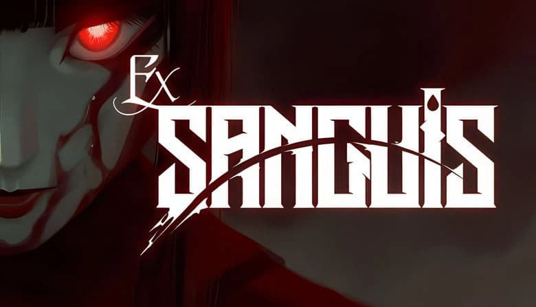 Ex Sanguis: Woman with glowing red eye, blood-streaked face, dark hair in smoky setting, intense and mysterious atmosphere.