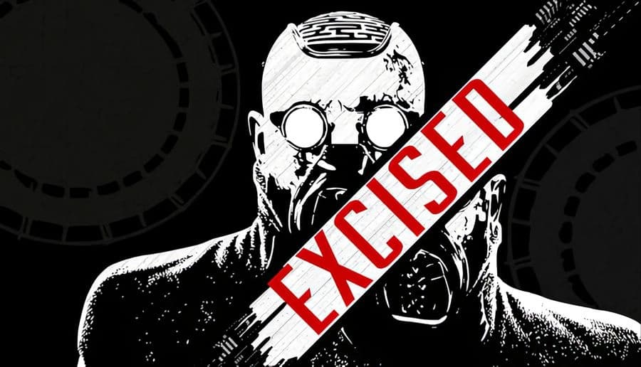 Excised: Two figure silhouettes with eerie goggles below cracked texture, set against a black and white abstract backdrop.