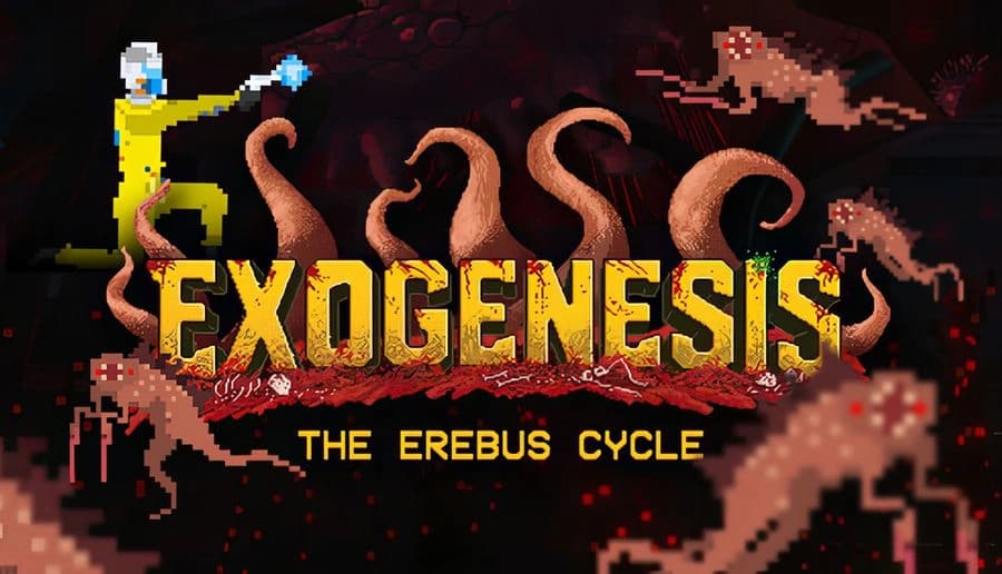 Exogenesis: astronaut silhouette walks past glowing alien pods and cables inside a dark, blood-smeared lab corridor.