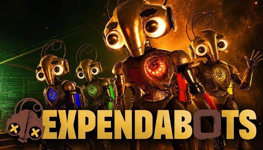 Expendabots: close-up of four wide-eyed robots with glowing chest cores inside a dim, orange-lit metallic corridor.
