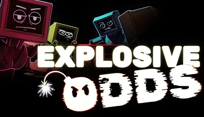 Explosive Odds: Box-headed figures with angry expressions, colorful screens, and suits gather around a table in dim light.