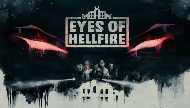 Eyes of Hellfire: Haunted mansion looms over five figures; glowing red eyes in dark sky, gothic horror painting style.