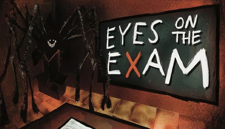 A shadowy spider with sharp teeth lurks beside a classroom chalkboard. Its menacing grin contrasts the dimly lit room.