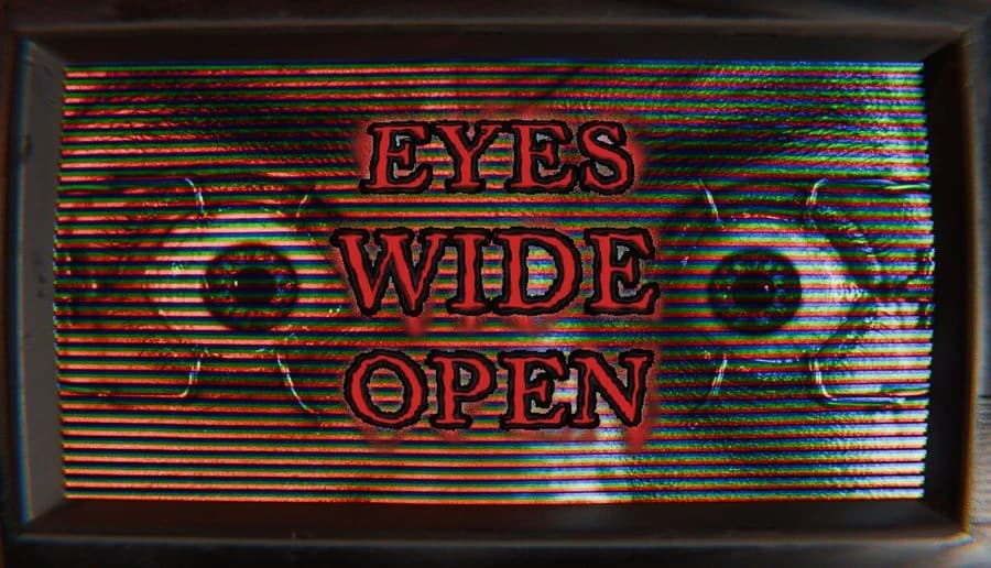 Eyes Wide Open: glowing green eyes and dark face behind scan lines, red title lettering on black framed screen.