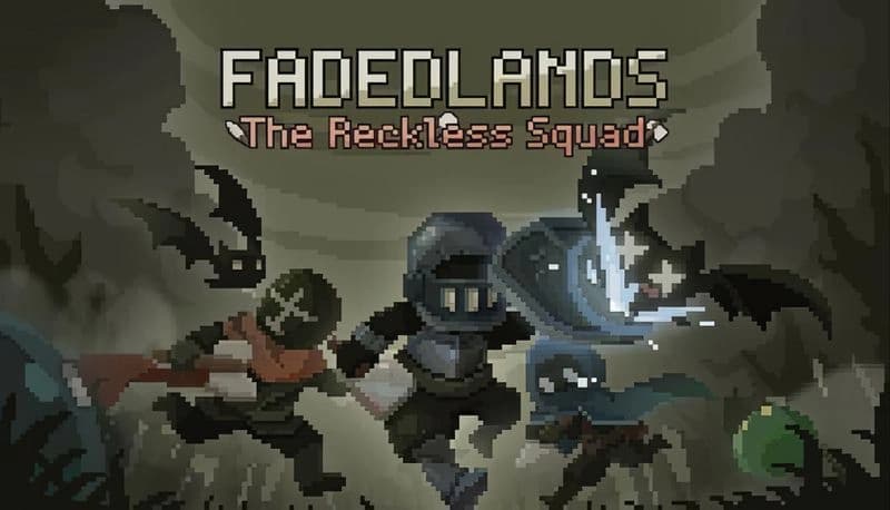 Fadedlands: Three armored figures run through misty forest battling bats and slime, swords drawn, in pixel art style.