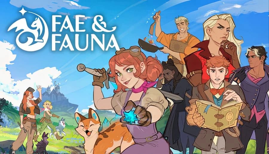 Fae & Fauna: Red-haired young woman holds glowing star gem with dog companion, adventurers and hills behind.